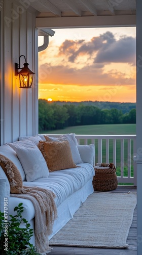 Relaxing porch scene at sunset with comfortable seating, offering peaceful views and cozy ambiance now