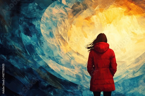 Woman in vibrant red coat gazes at abstract stormy sky, seeking hope and light