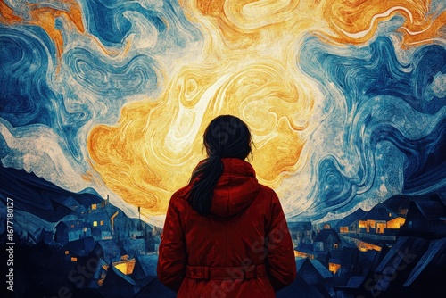Woman in red coat gazes at vibrant, swirling sky above village rooftops