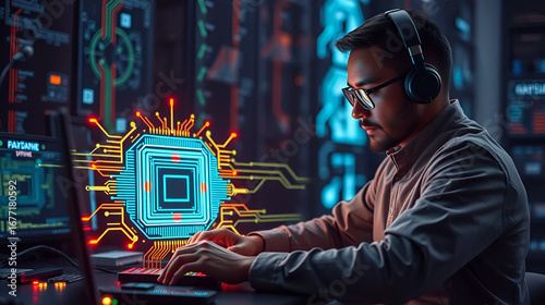 Quantum firmware engineer coding with glowing chip diagram hologram in foreground