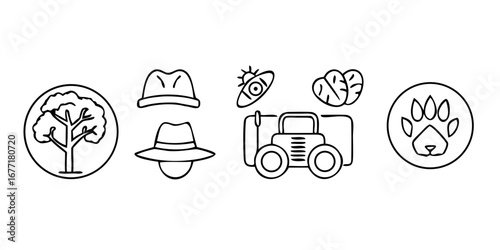 Illustration of a tree, a hat, a bug, a tractor, and a paw print, , showcasing nature, fashion, agriculture, and animal themes in a minimalist style