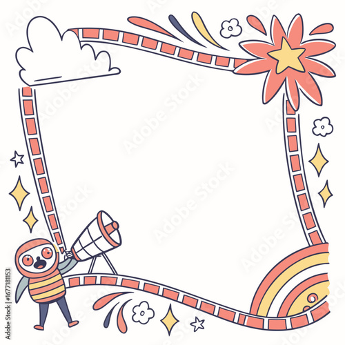 Vector art of a delightful square frame, adorned with charming cartoon illustrations of a telescope, stars, clouds, and a cute bird, perfect for adding a whimsical touch to any design project