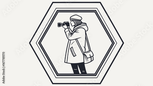 Vector art of a female photographer in a hexagon frame, capturing a moment with her camera, embodying style, creativity, and the art of visual storytelling ideal for photography blogs