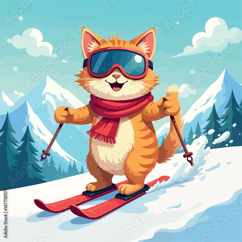winter, snow, cartoon, vector, illustration, christmas, ski, sport, fun, holiday, snowboard, boy, cat, cold, child, ice, snowboarder, design, animal, season, sky, art, people, mountain, santa