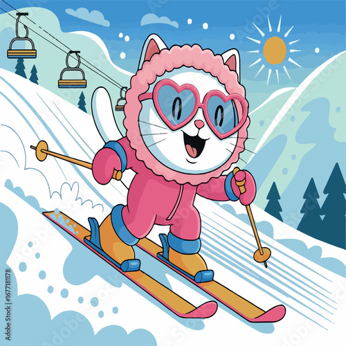 winter, snow, cartoon, vector, illustration, christmas, ski, sport, fun, holiday, snowboard, boy, cat, cold, child, ice, snowboarder, design, animal, season, sky, art, people, mountain, santa