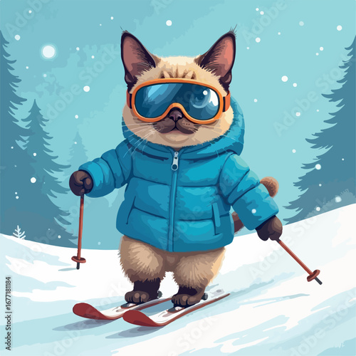 winter, snow, cartoon, vector, illustration, christmas, ski, sport, fun, holiday, snowboard, boy, cat, cold, child, ice, snowboarder, design, animal, season, sky, art, people, mountain, santa