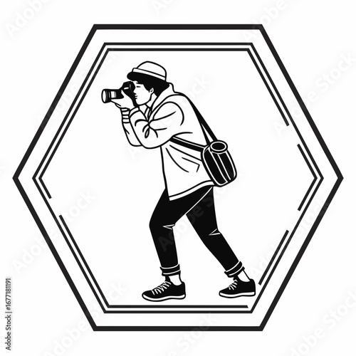 Vector art of a male photographer in a hexagon frame, capturing a moment with his camera, embodying style, creativity, and the art of visual storytelling ideal for photography blogs