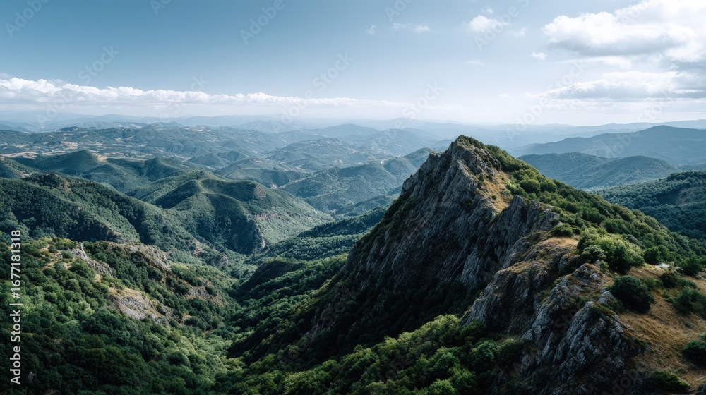 Obraz premium A sweeping vista of a mountain range, showcasing a rugged peak, lush forests, and rolling hills under a vast blue sky.