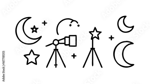 Vector art of astronomical observation with telescope, moon, and stars in a minimalist line art style, perfect for science and space exploration concepts