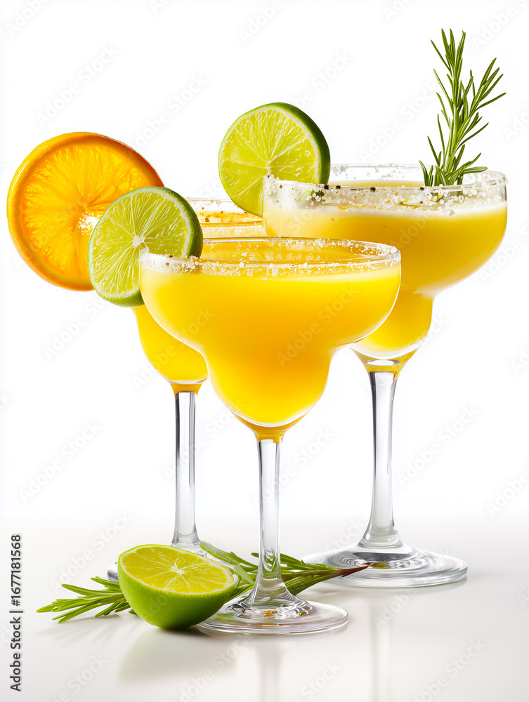 Fototapeta premium Refreshing citrus cocktails with lime and orange garnishes in elegant glasses, perfect for summer gatherings.