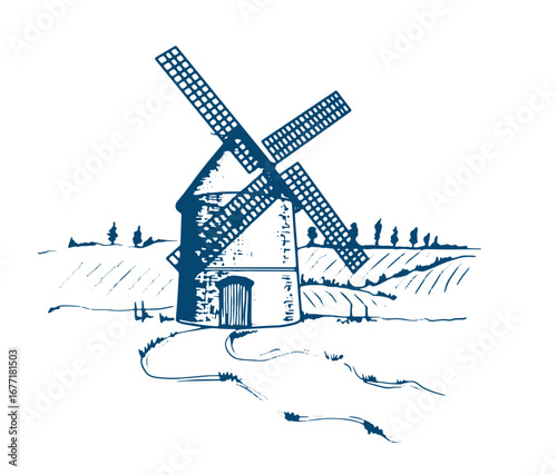 Windmill and fresh bakery products. homemade baking. bakery products. vector sketch on white