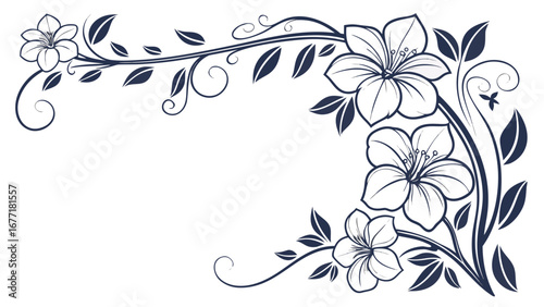 Vector art of elegant floral corner frame with white flowers and dark leaves, a decorative design element for invitations, cards, and various creative projects