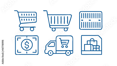Vector art of hand drawn line art icons of shopping and delivery elements, including shopping cart, dollar sign, delivery truck, shopping bag, and other related symbols