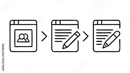 Vector art of icon of content creation process, depicting user profile, writing with a pencil on paper, perfect for illustrating digital creativity and workflow