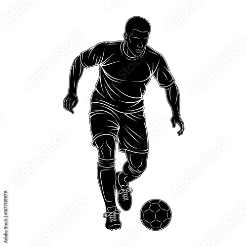 Soccer player dribbling ball silhouette isolated on white background