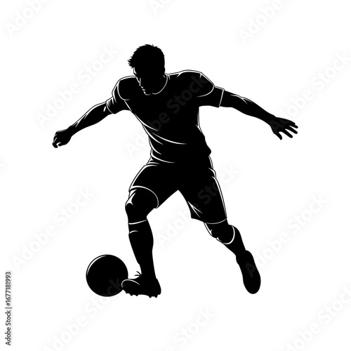 Soccer player kicking ball silhouette isolated on white background