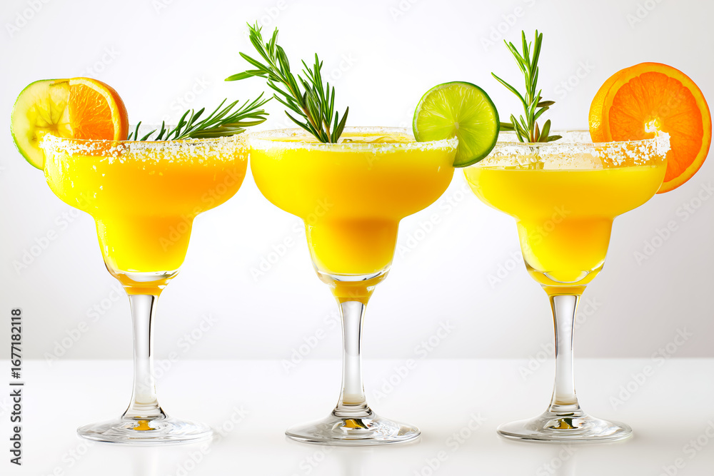 Fototapeta premium Three vibrant margaritas with fresh garnishes, perfect for summer gatherings and festive occasions.