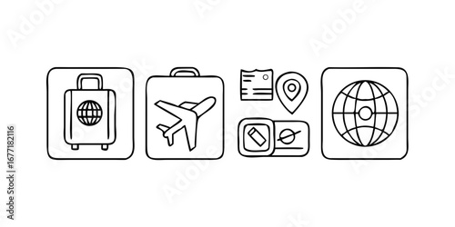 Vector art of line art icons of travel essentials, including suitcase, airplane, map, passport, ticket, and globe, representing tourism and adventure