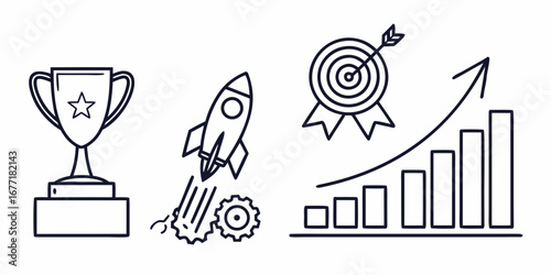Vector art of line art illustration of business success concept, featuring trophy, rocket, target, and growth chart, symbolizing achievement, progress, and strategic goals