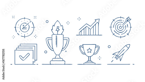 Vector art of line art illustration of business success concept, featuring target, trophy, growth chart, rocket, and check mark, symbolizing achievement and progress