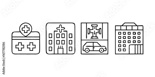 Vector art of line art illustration of hospital buildings, ambulance parking, and medical facilities, perfect for healthcare and urban planning projects