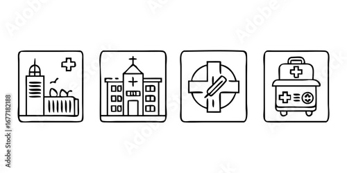 Vector art of line art illustration of hospital buildings, churches, and medical equipment, ideal for healthcare and urban development projects