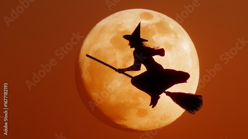 A silhouette of a witch flying on a broomstick against a huge orange moon
