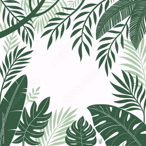 Vector art of lush tropical foliage forming a frame with green leaves, perfect for adding a touch of exotic nature to your designs and creating a vibrant atmosphere