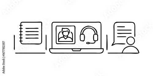 Vector art of online meeting concept with laptop, headset, notebook, and chat bubble, depicting remote communication, video calls, and virtual conferences