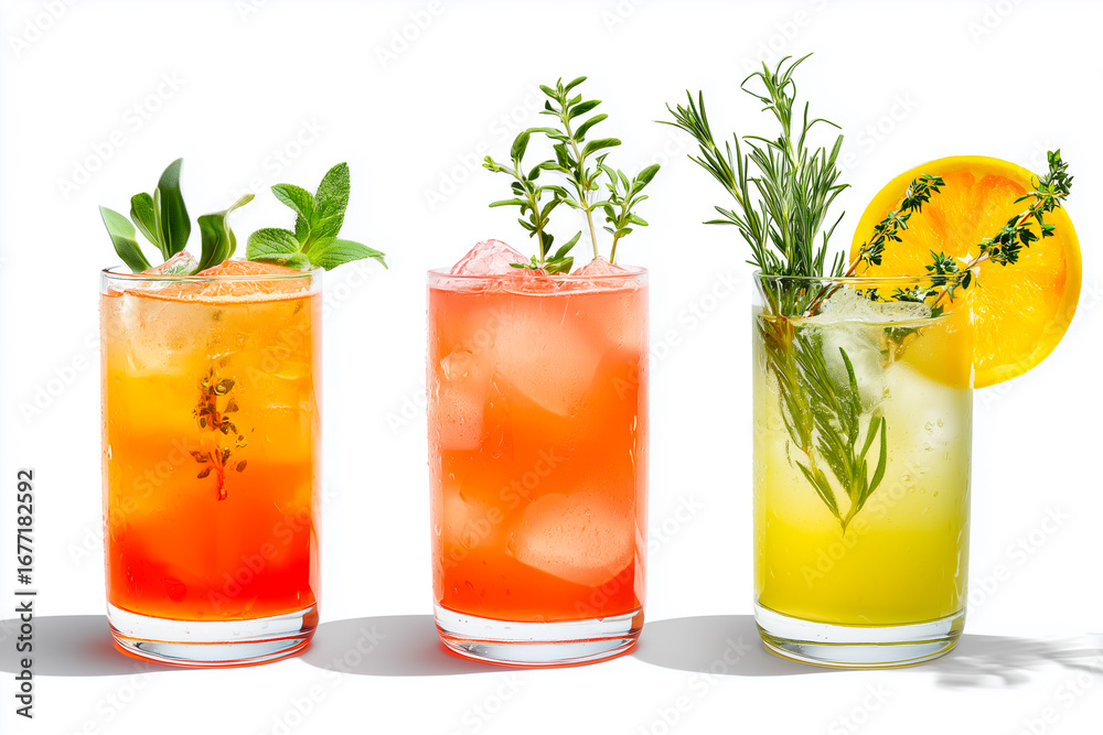 Fototapeta premium A vibrant display of three refreshing cocktails garnished with fresh herbs, perfect for summer gatherings.