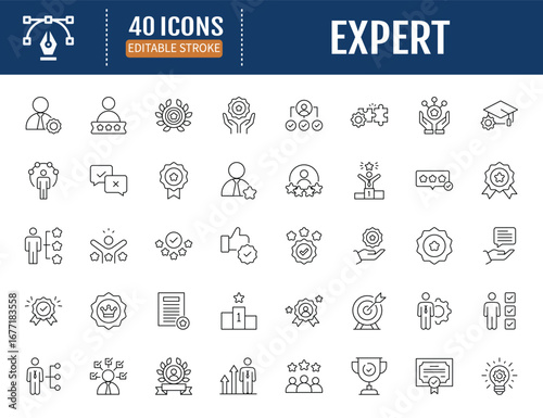 Expert line icon set. Containing competence,
expertise, knowledge, skill, specialist,
experience, advice, and more. Vector Illustration with Editable strokes