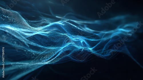 Woven sapphire threads dance in digital seas forming abstract mountains of code against a dark