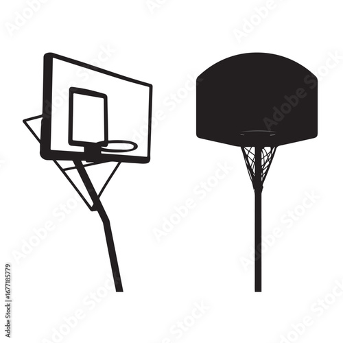 Hand-drawn black icons of basketball hoops in different angles and styles, perfect for sports illustrations and basketball-themed designs.