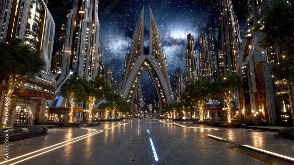 Naklejka premium Exploring the Vision of a Futuristic City Street with Clean Energy Powered Spaceports and Advanced Technology