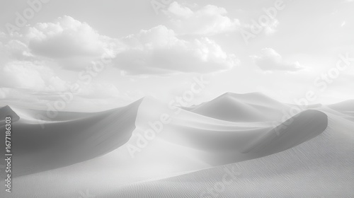 Fototapeta Naklejka Na Ścianę i Meble -  A serene black-and-white landscape featuring undulating sand dunes beneath a cloudy sky.