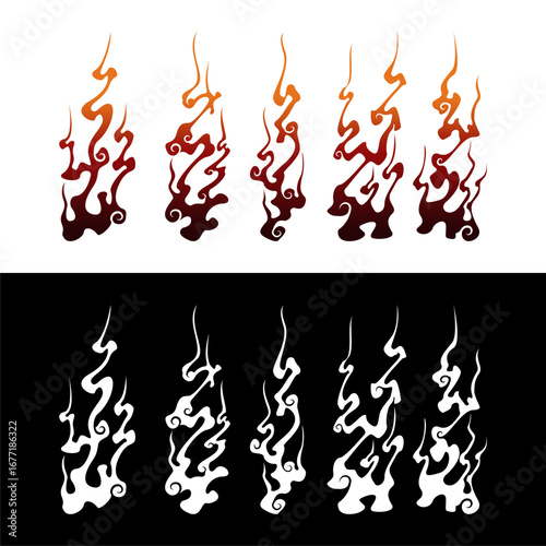 Japanese Style Fire flame ignite collection set vector clip art element isolated in black and white design editable