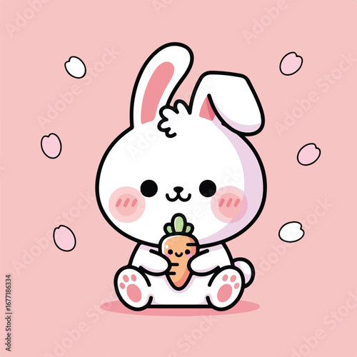 Cute white bunny holding a tiny carrot sits happily amidst falling cherry blossom petals on a soft pink backdrop, radiating springtime joy and innocence.