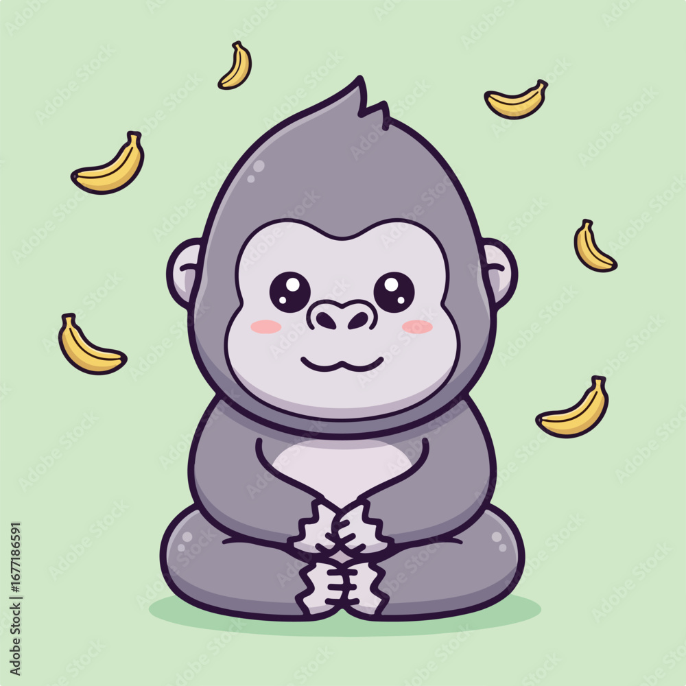 Fototapeta premium Cute gorilla sitting peacefully surrounded by floating bananas against a light green backdrop, radiating a playful and whimsical atmosphere.
