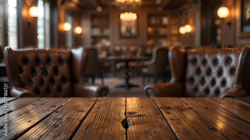 A rustic wooden tabletop with two luxurious leather chairs and a blurred cigar lounge interior in warm lighting.