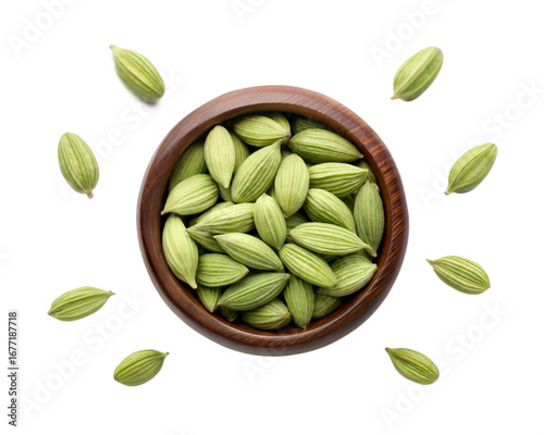 Wallpaper Mural Green cardamom pods in a wooden bowl isolated on transparent background Torontodigital.ca