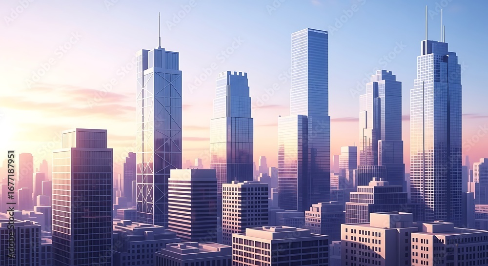 Obraz premium Modern skyscrapers in a city skyline at sunset with a warm glow and clear sky