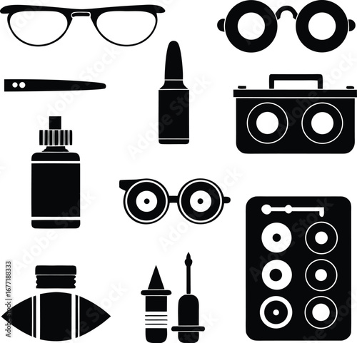 Optometry and Eyewear Silhouette Set – Glasses, Eye Drops, Vision Test Tools Vector Icons