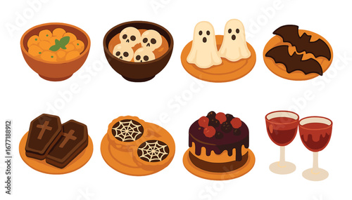 Halloween-themed treats with ghosts, bats, skulls, decorative cakes, and spooky sweets