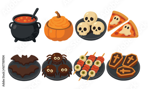 Spooky halloween-themed snacks and treats including skulls, pumpkins, ghosts, spiders, and bats