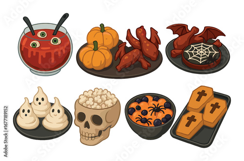 Halloween-themed snacks and desserts with spooky decor