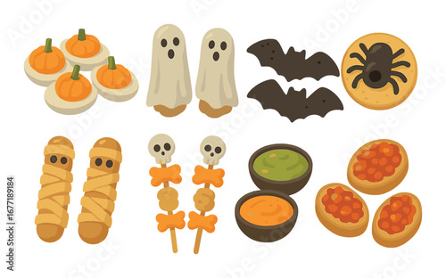 Halloween-themed snacks featuring ghosts, bats, spiders, and mummies