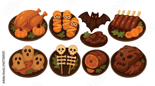 Halloween-themed dishes featuring spooky ghosts, bats, and mummy-inspired delights