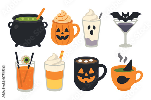 Assorted spooky halloween drinks with pumpkin, ghost, bat, and witch themes