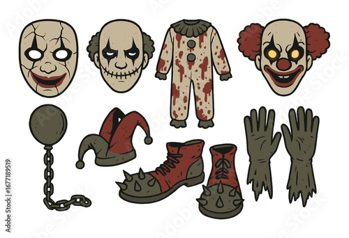 Creepy clown costume elements: masks, shoes, gloves, and more