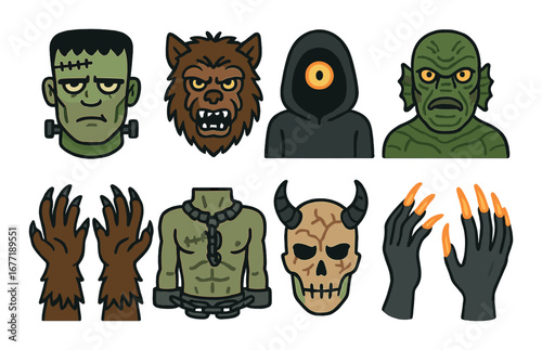 Monster icons: frankenstein, werewolf, cyclops, creature, zombie, skull, claws, horror theme
